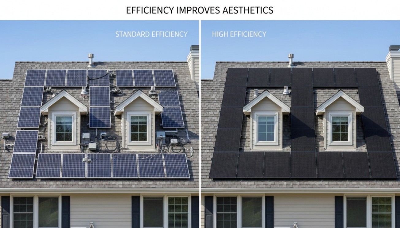 Comparison of standard efficiency and high-efficiency solar panels showing cleaner residential roof aesthetics and better module layout